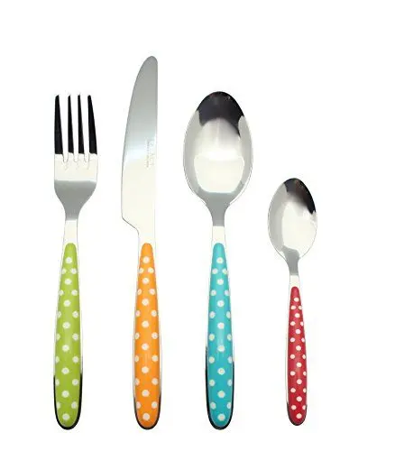 Produktbild: EXZACT 24-teiliges Besteckset aus rostfreiem Edelstahl – Farbige Griffe – 6 Gabeln, 6 Messer, 6 Esslöffel, 6 Teelöffel – Mischfarben