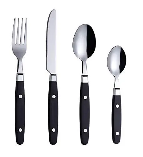 Produktbild: EXZACT Besteckset 24-teilig Edelstahl - mit Niet-Bastelgriffen/Besteck im Retro-Stil - 6 x Essgabeln, 6 x Essmesser, 6 x Esslöffel, 6 x Teelöffel - 6 (Shwarz)
