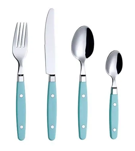 Produktbild: EXZACT Besteckset 24-teilig Edelstahl - mit Niet-Bastelgriffen/Besteck im Retro-Stil - 6 x Essgabeln, 6 x Essmesser, 6 x Esslöffel, 6 x Teelöffel - 6 (Türkis)