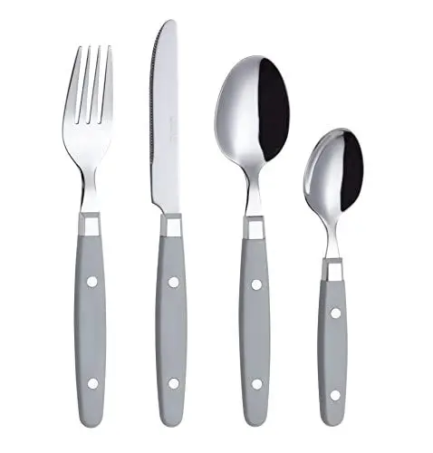 Produktbild: EXZACT Besteckset 24-teilig Edelstahl - mit Niet-Bastelgriffen/Besteck im Retro-Stil - 6 x Essgabeln, 6 x Essmesser, 6 x Esslöffel, 6 x Teelöffel - 6 (Grau)