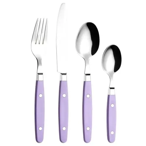 Produktbild: EXZACT Besteckset 24-teilig aus Edelstahl – mit Nietengriffen/Besteck im Retro-Stil – 6 x Tafelgabeln, 6 x Tafelmesser, 6 x Tafellöffel, 6 x Teelöffel – für 6 Personen (Flieder)