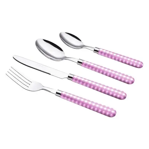 Produktbild: EXZACT Edelstahl-Besteck Set 24 Stück - 6 x Tafelgabeln, 6 x Tafelmesser, 6 x Abendessen Löffel, 6 x Teelöffel (24 x Lila)