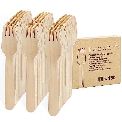 Produktbild: EXZACT Einweg-Holzgabeln 150 Stück – recycelbar – Party-Holzbesteckgabeln x 150, Camping, Reisen und Grillen