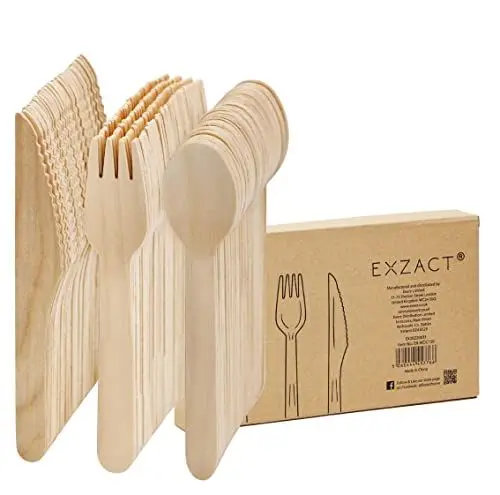 Produktbild: EXZACT Holz-Einwegbesteck 150 Stück, Recycelbar und Umweltfreundlich – Gabeln und Löffel für Party, Camping, Reisen und Grillen – Robust und Nachhaltig