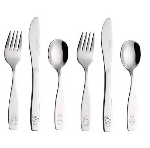 Produktbild: EXZACT Kinderbesteck 6 teiliges Edelstahl - Besteck Kinder ab 2 Jahre - Spülmaschinengeeignet Gravurbesteck - 2 x Gabeln, 2 x Sicherheitsmesser, 2 x Esslöffel (Hund Katze Hase x 6)