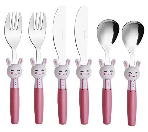 Produktbild: EXZACT Kinderbesteck 6 teiliges Edelstahl - Spülmaschinengeeignet -Kinderbesteckset ab 2 Jahre - 2 x Gabeln, 2 x Sicherheitsmesser, 2 x Esslöffel (Kaninchen x 6)