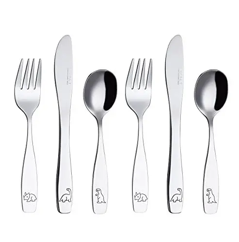 Produktbild: EXZACT Kinderbesteck 6 teiliges aus rostfreiem stahl/spülmaschinengeeignet Gravurbesteck - 2 x Gabeln, 2 x Sicherheitsmesser, 2 x Esslöffel - Dinosaurier (6 Stk Dinosaurier)