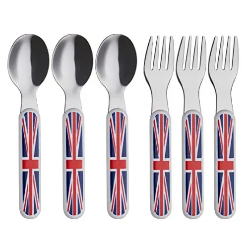Produktbild: EXZACT Kinderbesteck 6-teilig Edelstahl 18/10 Kinderbesteck Set 3 x Gabeln, 3 x Esslöffel Kunststoffgriff, Kleinkindutensilien BPA-frei – Union Jack (3 Gabeln + 3 Löffel)