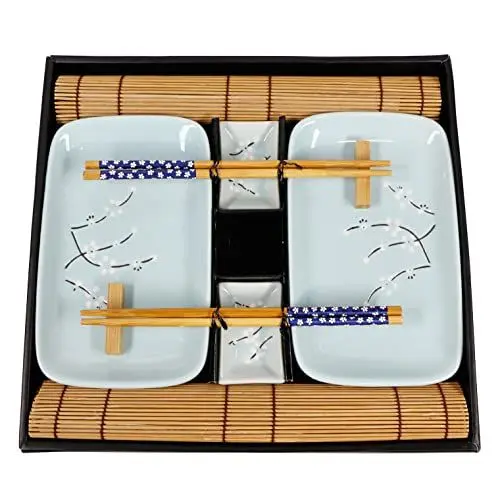 Produktbild: Exzact 10-teiliges Sushi-Set – 2 x Sushi-Teller, 2 x Dip-Schalen, 2 x Bambus-Tischsets, 2 x Bambus-Essstäbchen, 2 Paar Essstäbchen – hochwertiges Porzellan - in Geschenkbox – Blau