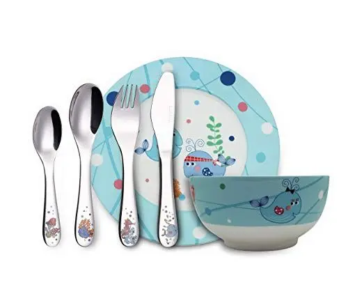 Produktbild: Exzact Besteck Geschenkset 6 Stücken aus Edelstahl/Kindergeschirr - 1 x Schale, 1 x Teller, 1 x Tafelmesser, 1 x Essgabel, 1 x Teelöffel und 1 x Tafellöffel - Deluxe Geschenkbox(WF712-6GFT-SEA)