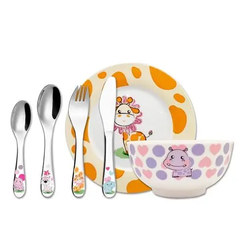 Produktbild: Exzact Besteck Geschenkset 6 Stücken aus Edelstahl/Kindergeschirr - 1 x Schale, 1 x Teller, 1 x Tafelmesser, 1 x Essgabel, 1 x Teelöffel und 1 x Tafellöffel - Deluxe Geschenkbox - Süße Tiere
