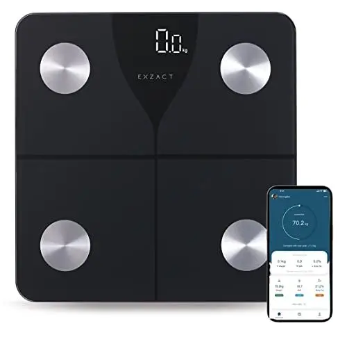 Produktbild: Exzact Digitale Personenwaage/Körperfettwaage mit APP - iOS & Android Bluetooth - Körperanalysewaagen - Kapazität: 180 kg - kg/st/lbs - Elektronische Waage
