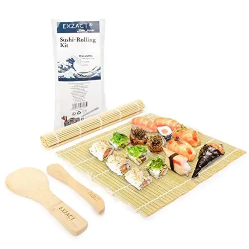 Produktbild: Exzact Bambus Sushi Roll-Kit 4 Teilig - 2 x Matten, 1 x Reis Paddel, 1 x Reis Spreizer, komplett natürlich