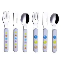 Produktbild: Exzact Kinderbesteck 6 Stück Edelstahl 18/10-2 x Gabeln, 2 x Sicherheitsmesser, 2 x Esslöffel - Plastikgriff, Kleinkindutensilien BPA-freies Besteck - Sterne & Punkte (2 Gabeln, 2 Messer, 2 Löffel)