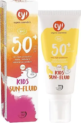 Produktbild: ey! organic cosmetics Sunfluid KIDS Sonnenfluid LSF 50+ wasserfest, vegan, ohne Mikroplastik, Naturkosmetik für Gesicht und Körper, 1er Pack (1 x 100ml)