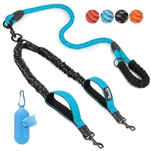 Produktbild: Eyein Doppelleine für 2 Hunde, Hundeleine für große Hunde, Flexible und reflektierende verhedderungsfreie Hundeleine mit 2 gepolsterten Griffen für Hund von 11 bis 68 kg (Blau)