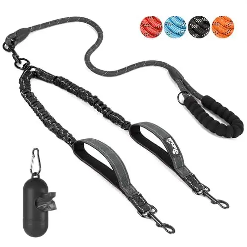 Produktbild: Eyein Doppelleine für 2 Hunde, Hundeleine für kleine und mittelgroße Hunde, Flexible und reflektierende verhedderungsfreie Hundeleine mit 2 gepolsterten Griffen für Hund von 3 bis 16 kg (Schwarz)