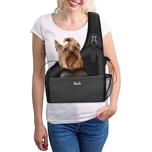 Produktbild: Eyein Hundefreundlich Tragetücher Hunde, Hände frei Reisetasche für kleine Haustiere mit verstellbaren Trägern Hartfaserplattenboden Sicherheitsgurt, für Hunde bis 2.8kg Verbreiterte Version, Schwarz