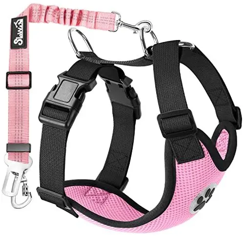Produktbild: Eyein Hundegeschirr mit Sicherheitsgurt für Auto, 2 Karabinerhaken - verbunden mit Sicherheitsgurt-Schnalle, Kinder-Sicherheitssitz oder Trunk, verstellbare atmungsaktiv Geschirr (Rosa, XS)