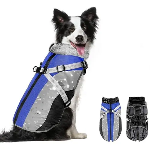 Produktbild: Eyein Hundemantel Winter, Wasserdichter Fleece Hundemantel mit Geschirr für kleine, mittlere und große Hunde, reflektierende verstellbare Welpenweste für Spaziergänge im Freien (Blau, XL)