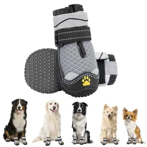 Produktbild: Eyein Hundeschuhe Pfotenschutz, 2 Stück atmungsaktiv Hundeschuhe mit Rutschfester Sohle und reflektierendem Klettverschluss für kleine, mittlere und große Hunde, Sport im Freien, Grau, Größe 5