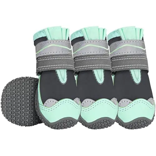 Produktbild: Eyein Hundeschuhe Pfotenschutz, 4 Stück Wasserabweisend Hundeschuhe mit Rutschfester Sohle und reflektierendem Klettverschluss für kleine, mittlere und große Hunde, Sport im Freien, Grün, Größe 6