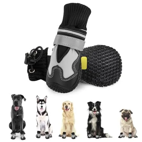 Produktbild: Eyein Hundeschuhe Pfotenschutz Winter, 2 Stück wasserdicht Hundeschuhe mit warmem Fleece und hohem Design, rutschfeste Hunde Schuhe Outdoor mit reflektierendem Klettverschluss, Größe 7