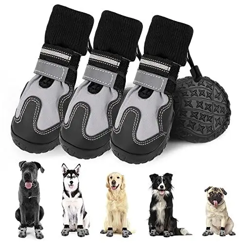 Produktbild: Eyein Hundeschuhe Pfotenschutz, wasserdicht Hundestiefel mit rutschfeste Sohle und reflektierende Streifen für drinnen und draußen, warme Winter Hunde Schuhe mit Elastischer Kordelzug, 4 Stück