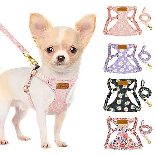 Produktbild: SlowTon Hundegeschirr mit Leine, No-Pull leichtes weiches Wildleder-Welpengeschirr mit Blumenmuster und Schnappschnalle, verstellbares Geschirr Hund für kleine und mittelgroße Hunde(Rosa, S)