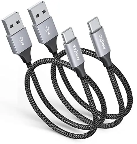 Produktbild: eyjiew USB C Kabel Kurz 50cm, (0.5M, 2Stück) USB auf USB C Kabel 3A Nylon Geflochtenes Ladekabel USBC Auto Schnellladekabel für iPhone 16E(SE4) 16 15 Pro Max Plus,Android Auto,AirPods 4,IPad-(Schwarz)