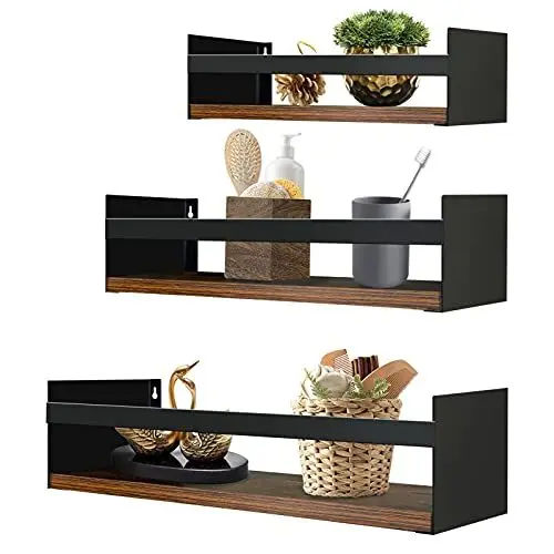 Produktbild: EYMPEU Wandregal 3er Set, Wandregal Holz mit Metall, Geeignet für Küchen Bäder Wohnräume Büro, Zur Aufbewahrung von Gewürzgläsern Toilettenartikeln Vasen usw, 40CM