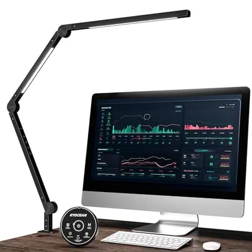 Produktbild: EYOCEAN LED Schreibtischlampe, Schwenkarm Architektenlampe Arbeitsleuchte, Duale Lichtquelle Büro Tischlampe, Einstellbare Helligkeit und Farbtemperatur, Augenschutz Klemmleuchte, Mattschwarz