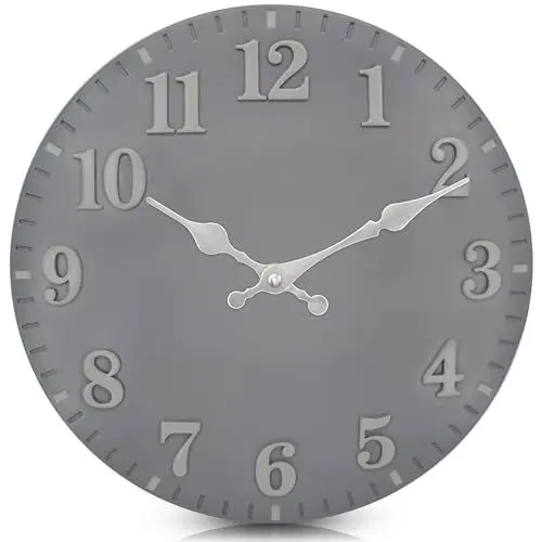 Produktbild: eYotto 12inch Gartenuhr Wetterfest, 30cm bemaltes Harz Outdoor wasserdichte Uhren für den Garten, stille Wanduhr Nicht tickende batteriebetriebene Außenuhr für Pool Strand Wohnzimmer dekorativ (Grau)