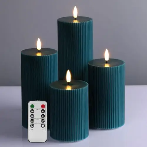 Produktbild: Eywamage Grün Gerippte Flammenlose Säulenkerzen mit Fernbedienung, Flackernde Flach Top GroßBatterie LED Kerzen 4er-Pack