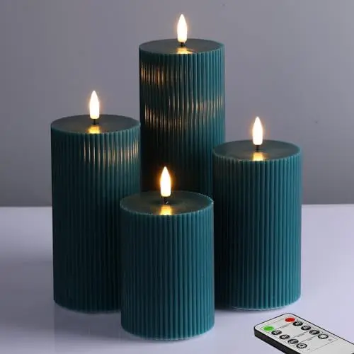 Produktbild: Eywamage Grün Groß LED Stumpenkerzen mit Fernbedienung, Flammenlose Wachs Batterie Kerzen 4 Stück Φ 3