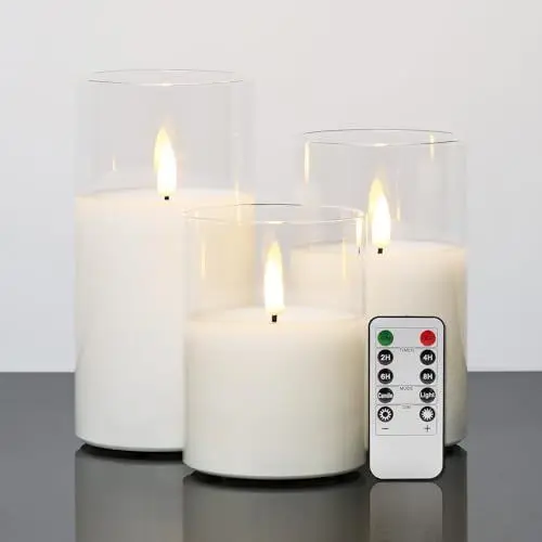 Produktbild: Eywamage Klare Glas Flammenlose Kerzen mit Fernbedienung, Batterie LED Wachs Stumpenkerzen 3 Stück