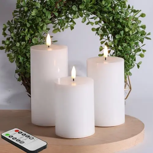 Produktbild: Eywamage Weiß Flammenlose Stumpenkerzen mit Fernbedienung, Flackernde Batterie LED Wachs Kerzen 3 Stück