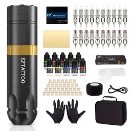Produktbild: EZ Tattoo Maschinen Set - Tattoo Set Komplett mit Rotations Tattoo Maschine, 1500mAh Akku Stromversorgung, 20 Stück Tattoo Nadeln und 10 Farben Tinten für Tattoo Anfänger (Caster S Goldene)