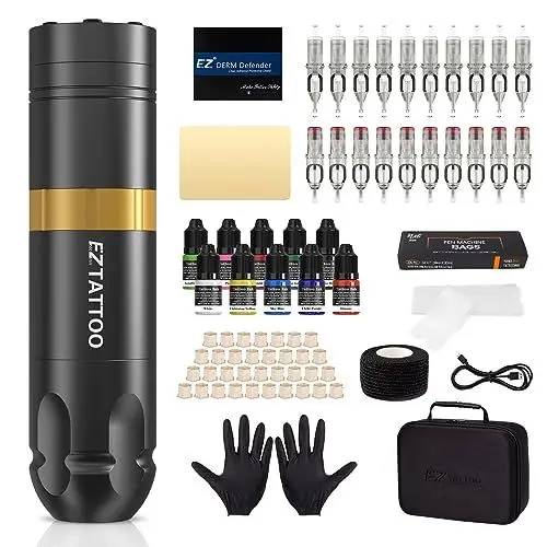 Produktbild: EZ Tattoo Maschinen Set - Tattoo Set Komplett mit Rotations Tattoo Maschine, 1500mAh Akku Stromversorgung, 20 Stück Tattoo Nadeln und 10 Farben Tinten für Tattoo Anfänger (Caster S Goldene)