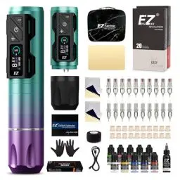 Produktbild: EZ Tattoo Maschinen Set - Tattoo Set mit Kabelloser Tattoo Maschine, 1800mAh Stromversorgung Akku, 20 Stück Tattoo Nadeln and 11 Farben Tinten für Tattoo Anfänger und Künstler (P2S Pro Violett Blau)