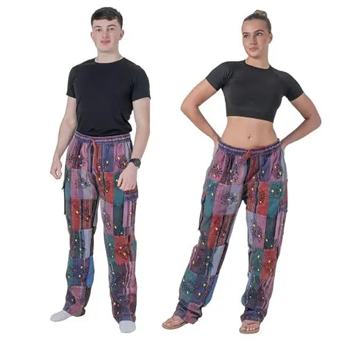 Produktbild: Ezhippie Handgefertigte Hippie-Patchwork-Hose für Männer, Cargohose aus 100% Baumwolle im Bohemian-Stil mit elastischer Taille, 3XL