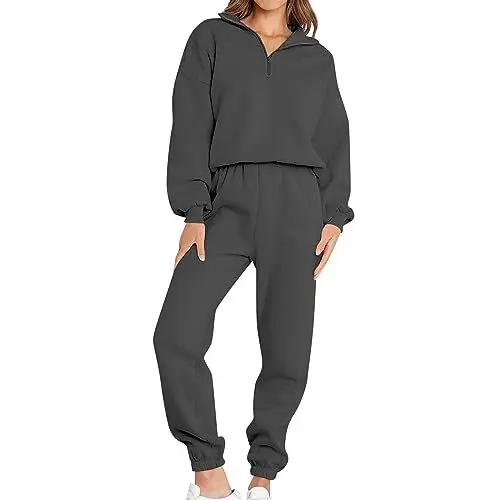 Produktbild: Lounge Set Damen Travel Outfit Damen Flugzeug Trainingsanzug For Female Crewneck Trainingsanzug Mode Boxy Homewear Baumwolle Oversize Sweater Weiblich Langarm Gummizug Wintern Schlichte Dunkelgrau