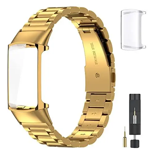 Produktbild: EZMVZKU Metall Armband für Fitbit Charge 5/Charge 6 mit Schutzhülle,Edelstahl Ersatzarmband Kompatibel mit Charge 6/5 Advanced Fitness/Gesundheitstracker Uhrenarmband und Cover-gold