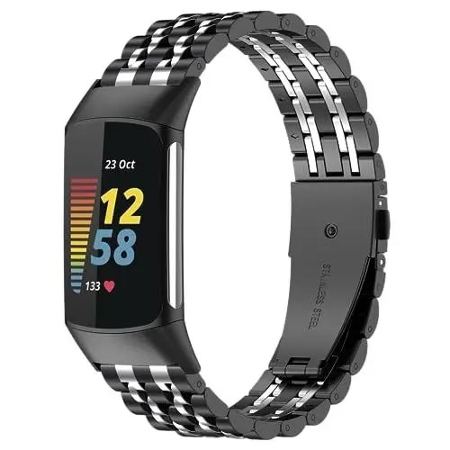 Produktbild: EZMVZKU Metall Armband für Fitbit Charge 5, Charge 6, Edelstahl Verstellbares Ersatzarmband Kompatibel mit Charge 5/6 Fitness Tracker, Armbänder für Damen Herren,Black/Silver