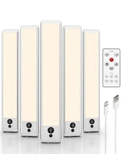 Produktbild: EZVALO Schrankbeleuchtung 23cm mit Fernsteuerung & Bewegungsmelder, 1600mAh Aufladbar Unterbauleuchte Küche LED, 3500K Unterschrank Beleuchtung für Kleiderschrank, Küche, Treppe (5 Stück)