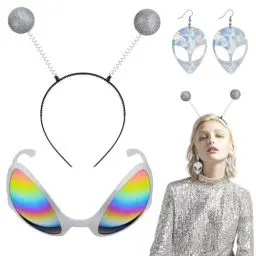 Produktbild: Ezydka Alien Kostüm Set, Alien Kostüm Zubehör Weltall Kostüm Accessoires Glitzer Alien Haarreif Alien Brille Fasching Kopfschmuck für Karneval, Alien Kostüm, Weltall Kostüm, Halloween,Space Girl