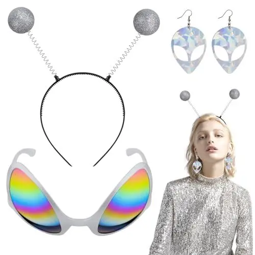 Produktbild: Ezydka Alien Kostüm Set, Alien Kostüm Zubehör Weltall Kostüm Accessoires Glitzer Alien Haarreif Alien Brille Fasching Kopfschmuck für Karneval, Alien Kostüm, Weltall Kostüm, Halloween,Space Girl