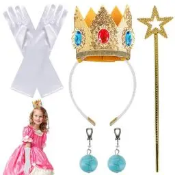 Produktbild: Ezydka Prinzessin Kostüme Set 4 Stück Prinzessin Peach Kostüm Zubehör Von Prinzessin Peach Krone, Zauberstab, Handschuhe, Ohrringe für Karneval Halloween Geburtstage Karneval Cosplay, Mädchen