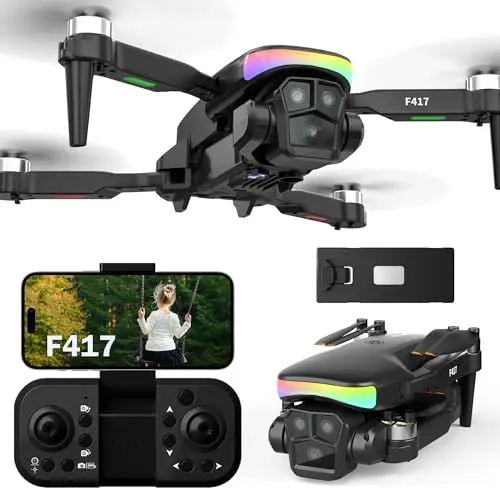 Produktbild: F417 Drohne mit Kamera 1080P für Kinder,90°LED Bunt Lampe Bürstenlosem Drone mit WiFi Übertragung,FPV Dual Kamera Drones für Anfänger,Kameradrohne outdoor RC Quadrocopter für Jungen Mädchen,Handtasche