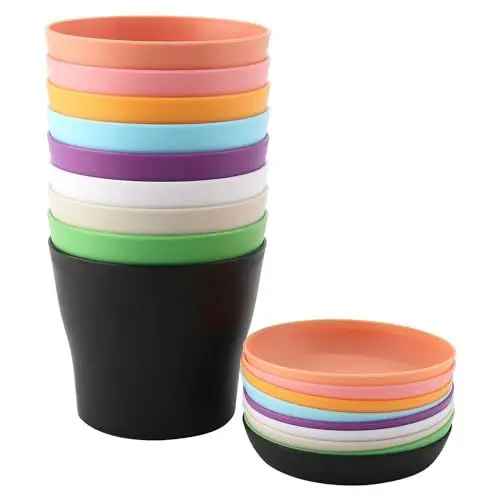 Produktbild: FAAING 18 Stück 10 cm Blumentopf Plastik Bunt, 9 Farben Kleine Anzuchttöpfe Blumentopf mit Untersetzer Bunt, Bunte Kunststoff Blumentöpfe Klein für Draussen, Drinnen, Büro, Balkon